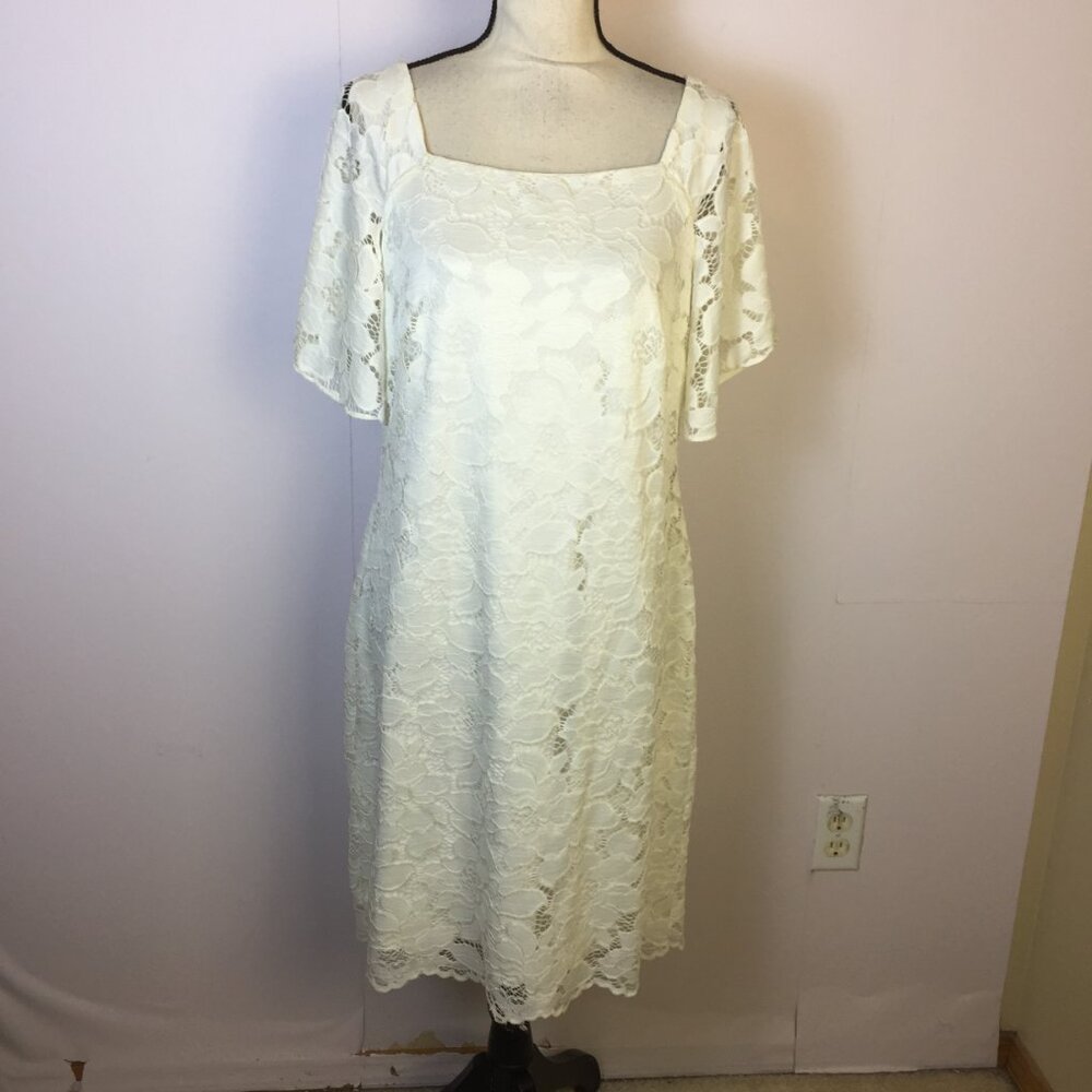 American Living Dress Size 12 Womans White Floral Lace Square Neck Short Sleeve